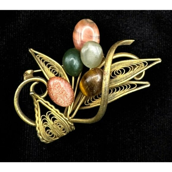 Vintage 1960's Semiprecious Stones Goldtone Filigree Floral Spray Brooch - Picture 2 of 5